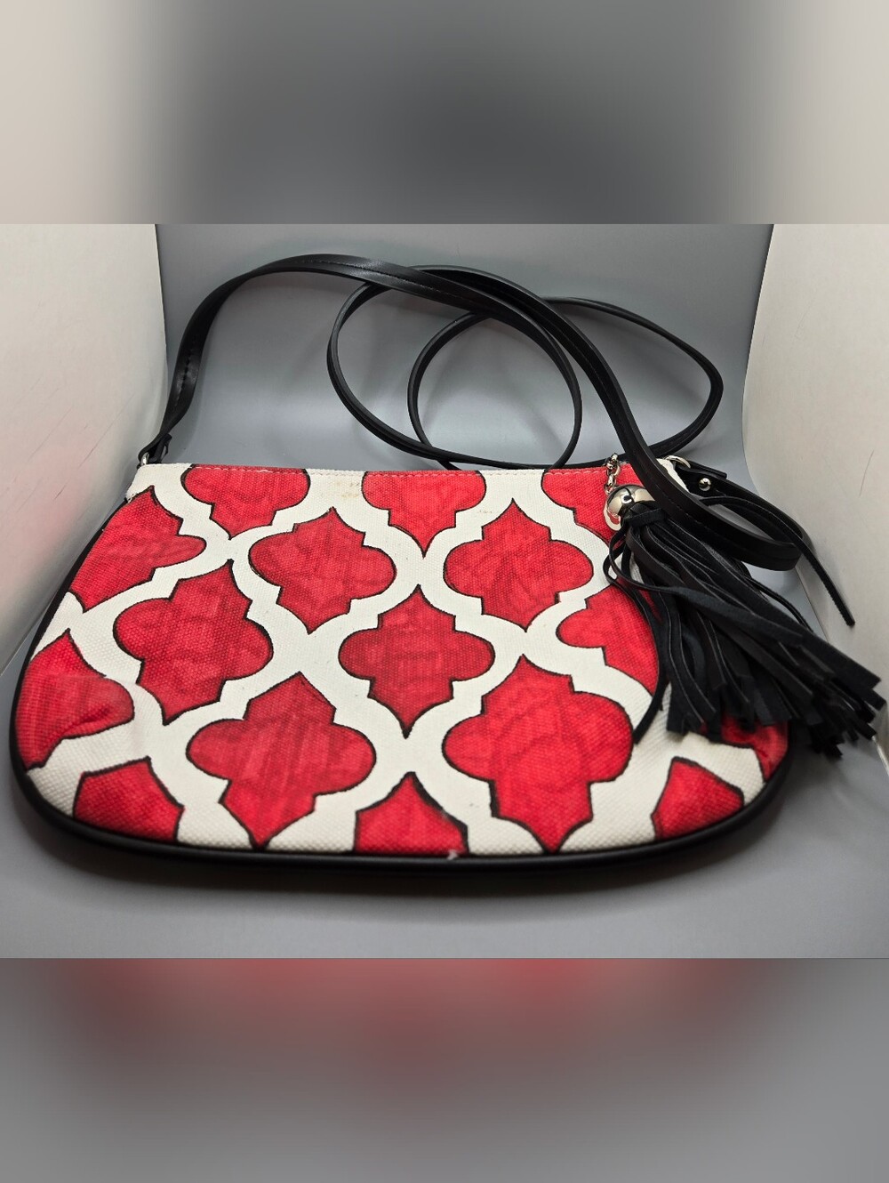 Brighton Printed Crossbody Bag w/ Black Leather Tassel Christmas - Picture 2 of 8